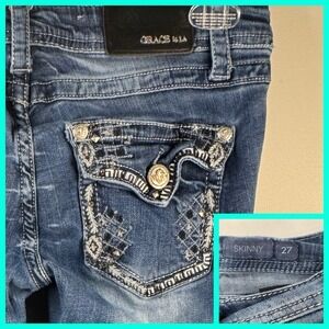 Grace In LA Jeans Women's Size‎ 27 Skinny Thick Stitch Embellished Flap Pockets